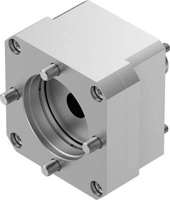 Ein silbernes, kubusförmiges mechanisches Teil mit mehreren Schrauben an den Kanten und einer zentralen Öffnung.