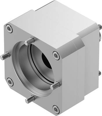 Metallischer quadratischer Flansch mit zentraler Öffnung und mehreren umgebenden Schrauben. Verwendung in Maschinenbauanwendungen.