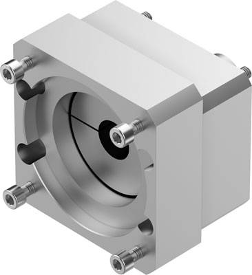 Silberfarbener industrieller Drehzylinder mit zylindrischer Form und mehreren Befestigungsschrauben an der Außenkante.