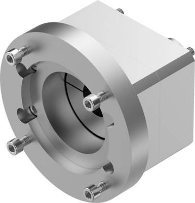Metallischer Flansch mit fünf Schrauben, der an eine quadratische Struktur angebracht ist. Verwendung für mechanische Befestigungen.