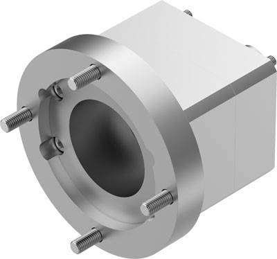 Metallisches Bauteil mit zylindrischer Form und Schrauben, vermutlich Maschinenteil oder Adapter.