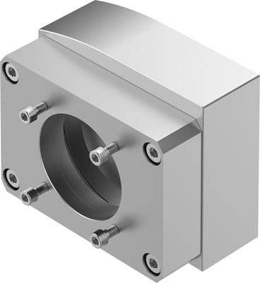 Metallische Maschinenkomponente mit zylindrischer Öffnung und sechs Schrauben an den Ecken.