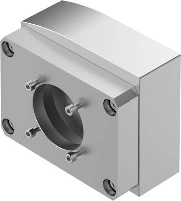 Metallblock mit zylindrischer Öffnung und vier Schrauben an den Ecken. Könnte Teil einer mechanischen oder industriellen Maschine sein.