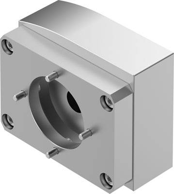 Ein quadratisches Metallgehäuse mit einer runden, zentralen Öffnung und vier Schrauben an den Ecken auf einer Seite.