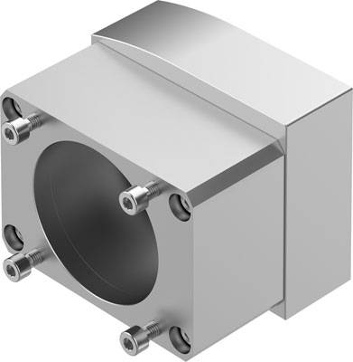 Ein silbernes Metallgehäuse mit einem großen, runden Hohlraum und fünf sichtbaren Schrauben zur Befestigung.