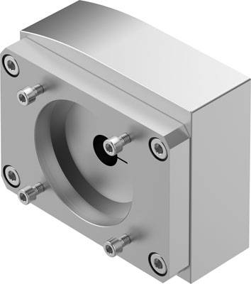 Ein rechteckiger metallischer Gegenstand mit einer runden Öffnung und Schrauben an jeder Ecke, vermutlich für mechanische Zwecke.