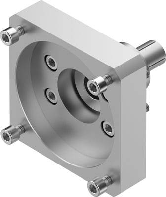 Metallischer Werkstückhalter mit zentraler Bohrung, befestigt mit fünf Schrauben. Geeignet für industrielle Maschinenkomponenten.