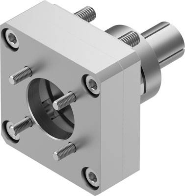 Metallisches Bauteil mit quadratischer Basis, zentralem Loch und vier Schrauben. Dient zur Befestigung in mechanischen Anwendungen.