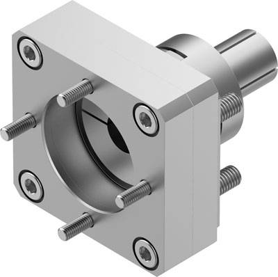 Ein technisches Bauteil mit Metallflansch, vier Schrauben und zylindrischem Anschluss, vermutlich Teil einer Maschine oder eines Geräts.