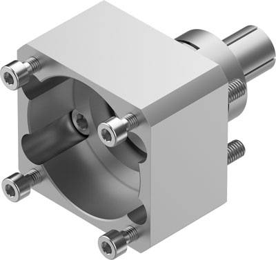 Ein silberner, quadratischer Metallblock mit fünf Schrauben.