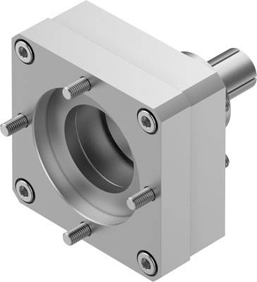 Ein silbernes Metall-Element mit sechs Schraubbolzen, die im Quadrat angeordnet sind. Innerhalb dieses Rahmens befindet sich eine runde Öffnung.