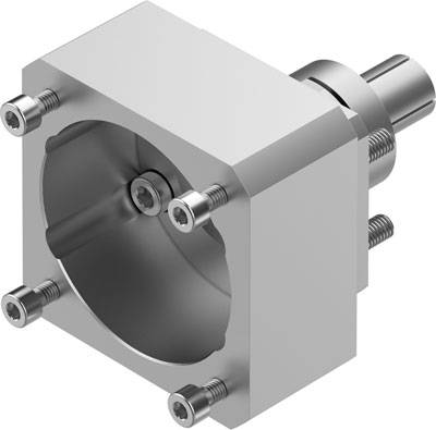 Metallisches Maschinenteil mit quadratischem Gehäuse und mehreren Schrauben, möglicherweise Teil eines größeren mechanischen Systems.