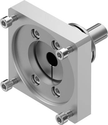 Silbernes, quadratisches Metallbauteil mit fünf Schrauben, zentraler zylindrischer Vorsprung. Anbauteil oder Halterung.