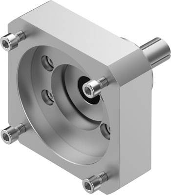 Metallisches Maschinenteil mit kreisförmigen Vertiefungen und vier Schrauben an den Ecken.