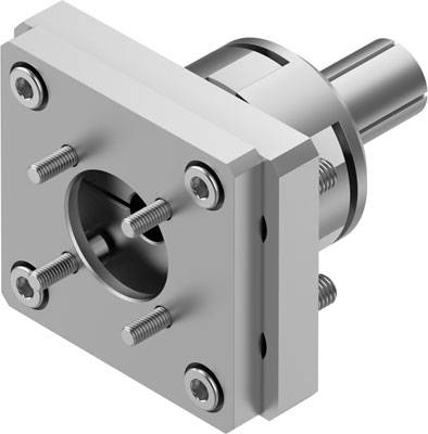 Metallisches Bauteil mit zentraler Öffnung, befestigt durch vier Schrauben. Zylindrischer Anschluss auf der Rückseite.