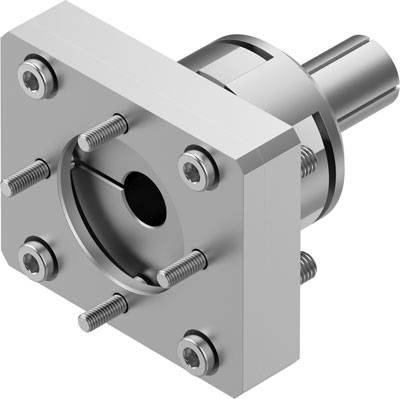 Ein silberner Metallflansch mit Schrauben und zylindrischem Anschluss, vermutlich Teil eines mechanischen Geräts oder einer Maschine.