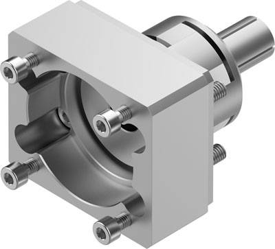 Industriekomponente mit zylindrischem Stift, eingehüllt in rechteckigem Metallkörper. Vier Schrauben an Ecken befestigen das Teil.