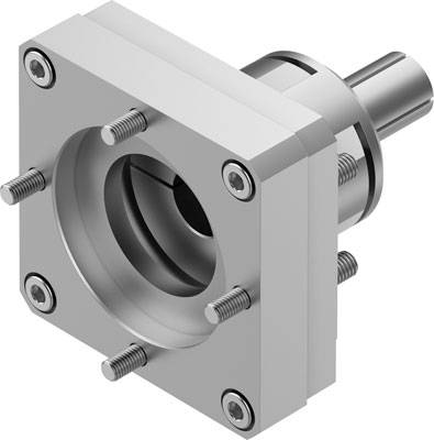 Ein quadratisches Metallbauteil mit Schrauben und Zylinderhalterung, typischerweise Teil einer mechanischen Vorrichtung oder Maschine.