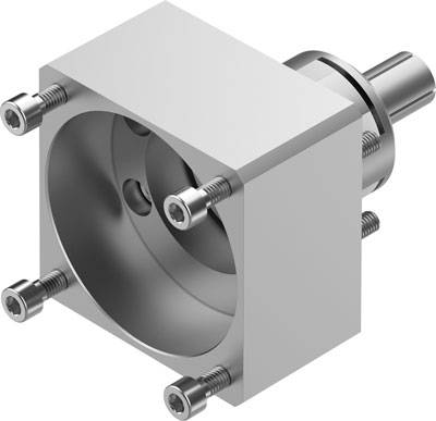 Stahlengehäuse mit vier Schrauben, zeigt eine industrielle Komponente mit rundem Hohlraum, geeignet für technische Montageanwendungen.