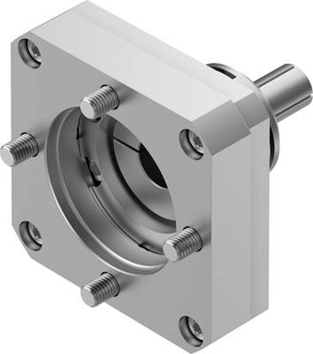 Metallklammer mit Zylinder und vier Schrauben auf jeder Ecke, zeigt technische Details eines Maschinenteils.