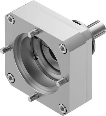 Eine silberne Metallflansch mit vier Schraubenlöchern, zylindrischem Fortsatz und Innenöffnung. Hauptsächlich für mechanische Befestigung.