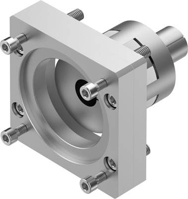 Metallflansch mit mehreren Schrauben an den Ecken und zylindrischem Ansatz in der Mitte.