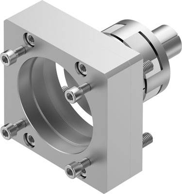 Ein quadratischer Metallflansch mit einem runden Loch in der Mitte, befestigt mit sechs Schrauben. Er wird für mechanische Verbindungen genutzt.