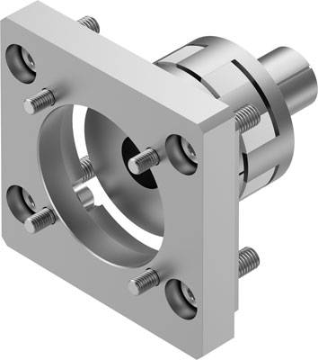 Metallflansch mit mehreren Schrauben und zylindrischem Anschluss, dient zur Befestigung oder Verbindung in mechanischen Systemen.