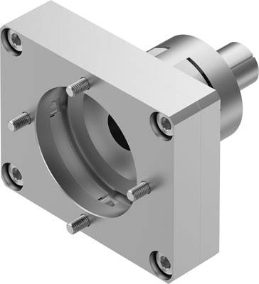 Ein rechteckiger, silberner Metallflansch mit vier Schrauben, die eine zentrale zylindrische Aussparung umgeben, ohne weitere Aufschrift.