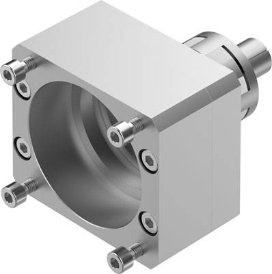 Metallischer Montageblock mit zylindrischer Öffnung und mehreren Schrauben an den Ecken, vermutlich für Maschinenanwendungen.