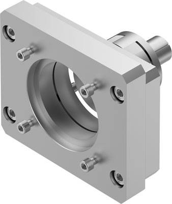 Aluminiumflansch mit kreisförmiger Öffnung und sechs Schrauben an Ecken zur Befestigung. Ein zylindrisches Teil ragt auf der rechten Seite heraus.