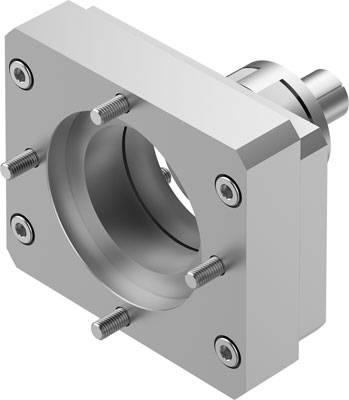 Metallisches Maschinenteil mit rundem Einsatz, befestigt durch vier Schrauben; wahrscheinlich Bestandteil einer mechanischen Vorrichtung.