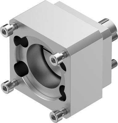Metallisches Maschinenbauteil mit zylindrischem Innenbereich, umgeben von rechteckiger Außenstruktur und vier sichtbaren Schrauben.