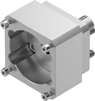 Ein quadratisches Metallgehäuse mit sichtbaren Schrauben, das eine innere zylindrische Komponente umschließt.