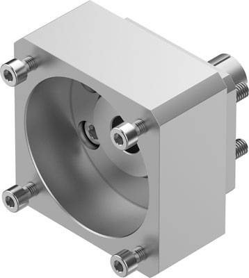 Ein silbernes quadratisches Metallteil mit einer runden Vertiefung in der Mitte und vier herausragenden Schrauben an den Ecken.