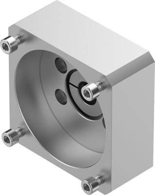 Ein silberner, quadratischer Metallblock mit vier Schrauben an den Ecken und einer runden Öffnung in der Mitte, geeignet für mechanische Anwendungen.