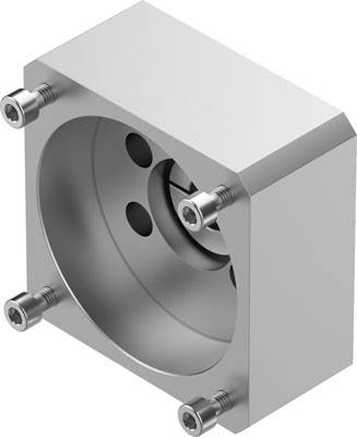 Ein silbernes, zylindrisches Maschinenteil mit vier Schrauben an den Ecken und mehreren runden Aussparungen in der Mitte.