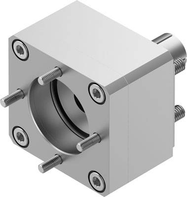 Ein quadratischer Metallblock mit Schrauben und einem zentralen Zylinder zur Befestigung in mechanischen Konstruktionen.
