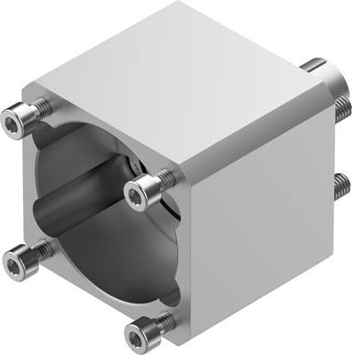 Metallischer Würfel mit geöffnetem inneren Zylinder, verbunden durch fünf Schrauben an den Ecken.