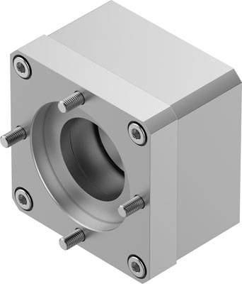 Ein Metallblock mit einem zylindrischen Lager in der Mitte, befestigt mit vier Schrauben in den Ecken.