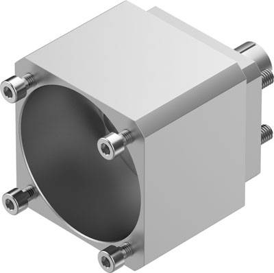 Silbernes Metallgehäuse mit rundem Innenraum und vier Schrauben an den Ecken.