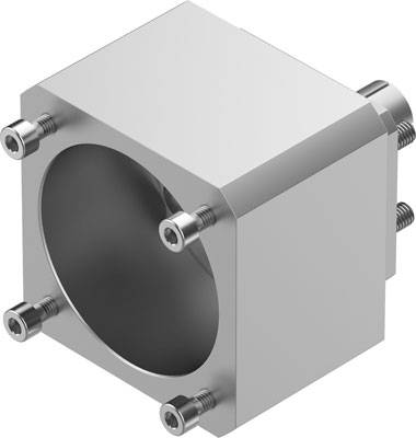 Ein silberner, rechteckiger Metallkörper mit einer großen runden Öffnung an der Vorderseite und vier Schrauben an den Ecken.