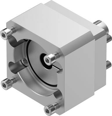 Quadratischer, silberner Metallblock mit abgerundeten Ecken und mehreren Schrauben an den Seiten. Geeignetes Design für mechanische Anwendungen.