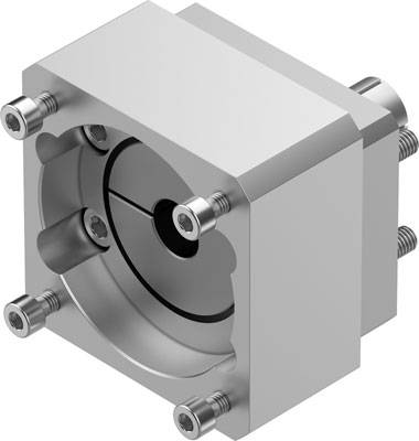 Ein silbernes, kubisches mechanisches Bauteil mit zentralem Loch und sechs Schrauben an den Rändern, typischerweise für Befestigungszwecke.