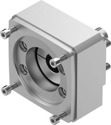 Metallisches Maschinenteil mit zylindrischem Kern und vier Befestigungsschrauben an den Ecken, vermutlich eine mechanische Halterung.