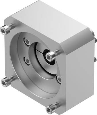 Ein silbernes, quadratisches Maschinenteil mit sechs Schrauben und einem zentralen Kreisausschnitt.