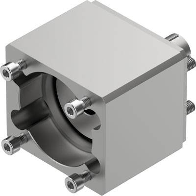 Ein silberner, quaderförmiger Metallblock mit mehreren Schrauben, vermutlich ein Maschinenteil oder eine Halterung.