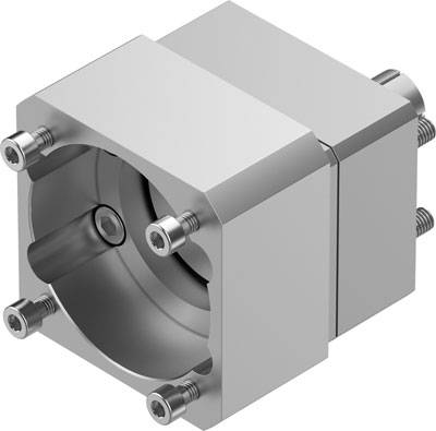 Ein silberner, quadratischer Metallblock mit hervorstehenden Schrauben an den Ecken und einem ringförmigen Ausschnitt in der Mitte.