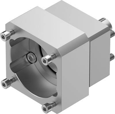 Ein silbernes Metallgehäuse mit mehreren Schrauben an den Ecken, offenbar ein Teil eines mechanischen Systems.