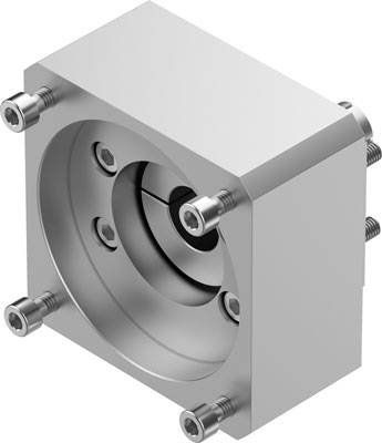Metallblock mit zylindrischem Ausfräsung und Schrauben an den Ecken, möglicherweise ein Maschinenteil oder eine Gehäusekomponente.